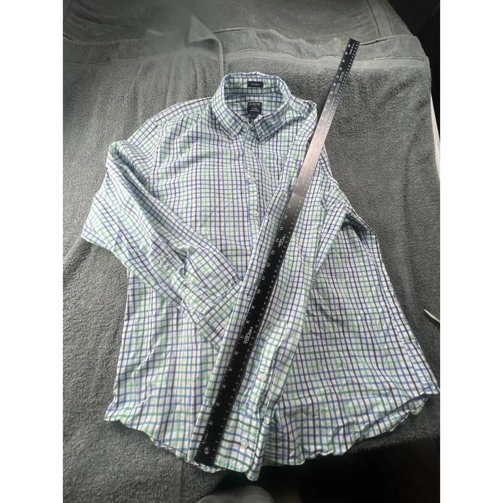 J Crew Flex Washed Classic Fit Plaid‎ Button Down Shirt Mens Large Blue Green